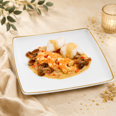 Duo de merlu et crevettes sauce crémée aux champignons